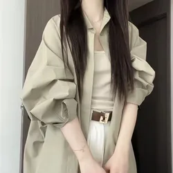 Oversized Shirt for Women Ladies Tops and Blouses Summer 2025 Casual Shirt Top Summer New Long Sleeved Green Shirt for Women