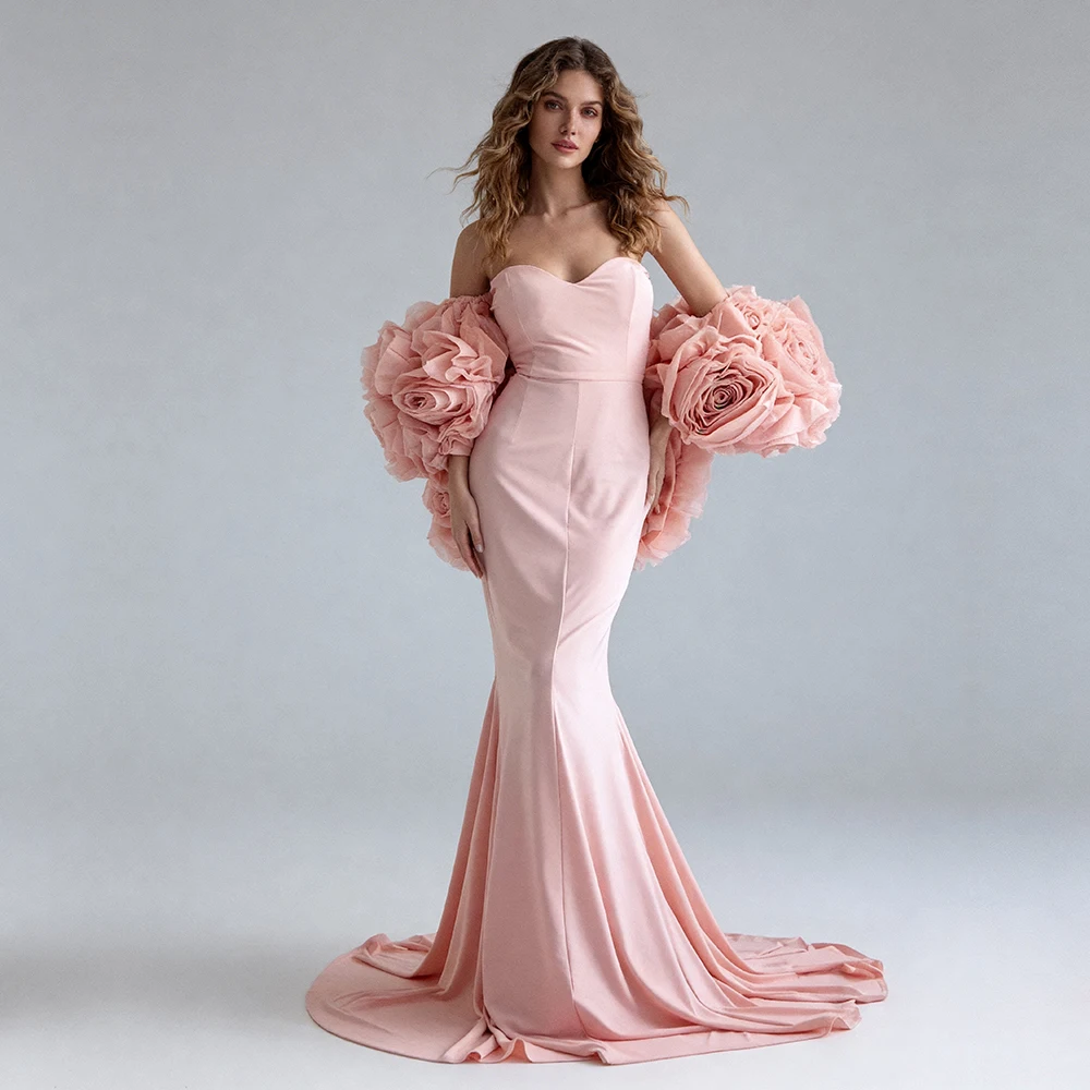 

Prom Dress Pink Off Shoulder Mermaid Evening Dresses with 3D Oversized Floral Bridal Cape Sleeves for Wedding Party ES63249D