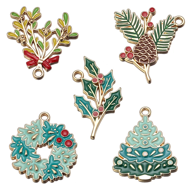 6pcs/Lot Enamel Christmas Charms for Jewelry Making Christmas Tree Red Pine Cones Christmas House DIY Charms Earrings Accessorie