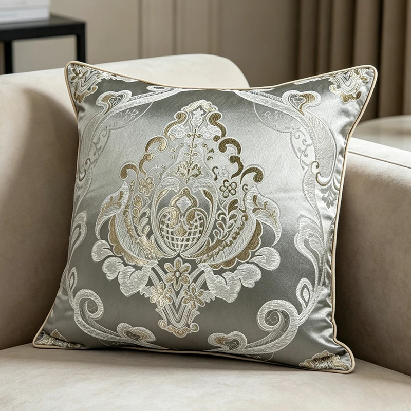 HINYEATEX Gray Damask Jacquard Woven Shiny Euro Style Square 45x45cm Pillow Cover Pipping Bedding Washable 1 Piece Pack