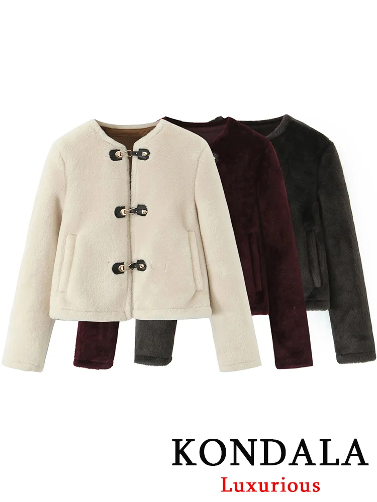 KONDALA décontracté Chic fourrure vestes femmes à manches longues boutons manteaux amples mode 2026 printemps Streetwear Y2K fille vêtements d'extérieur