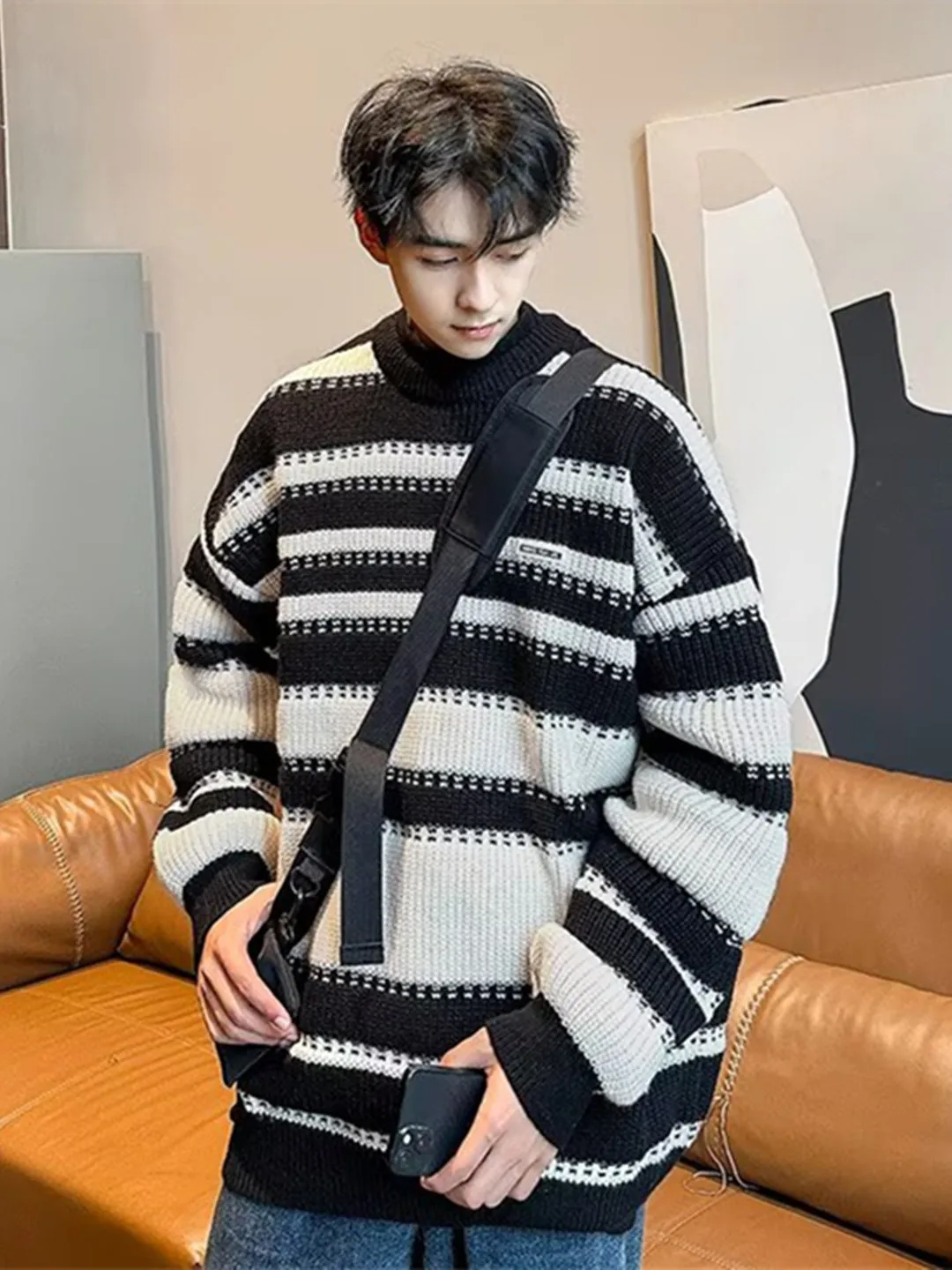 

Loose Men's Stripe Knitwear Autumn Winter Faion Lazy Sle Youth Couple Clothes School Travel Casual Wear round Ne Warmth
