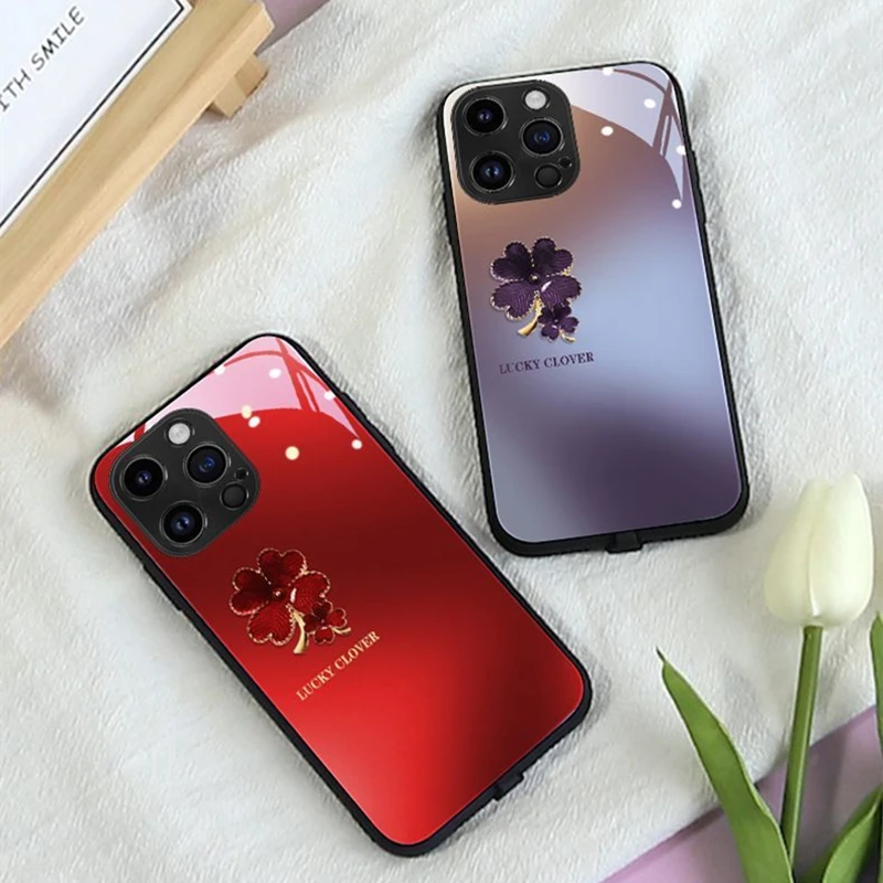 Lucky Clover LED Light Glowing Tempered Glass Surface Luminous Phone Case for Huawei P30 40 50 Mate60 40 50 Nova7 8 9 Pro Plus