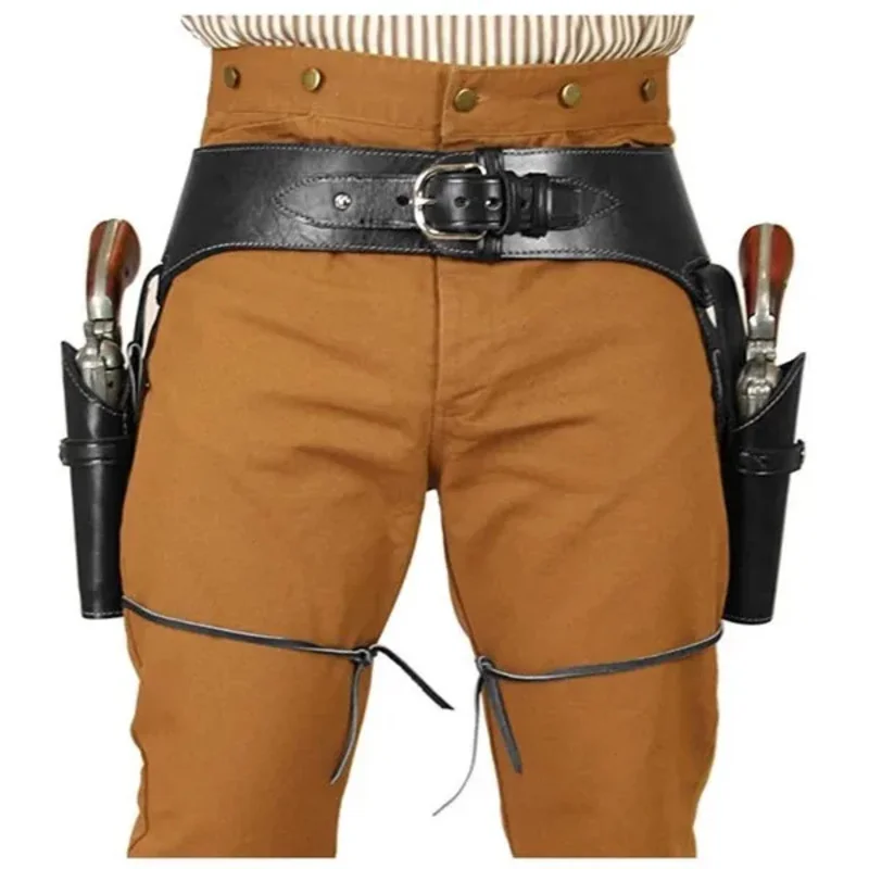 Medieval pirate leather pistol gun blunderbuss bag gear men's double plain leather Western gun belt and holster