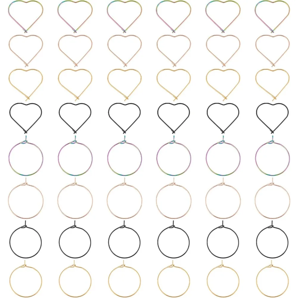 

48pcs 2 Styles 4 Colors 304 Stainless Steel Wine Glass Charm Rings Heart Hoop Earrings Circle Earring Findings Geometric Shape