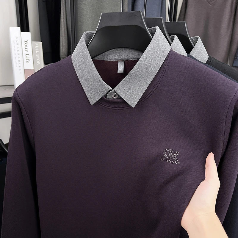 

Поддельные два свитера для мужчин осенью и зимой 2025 года с толстым бархатом и теплым воротником рубашки, вязаный свитер для мужчин