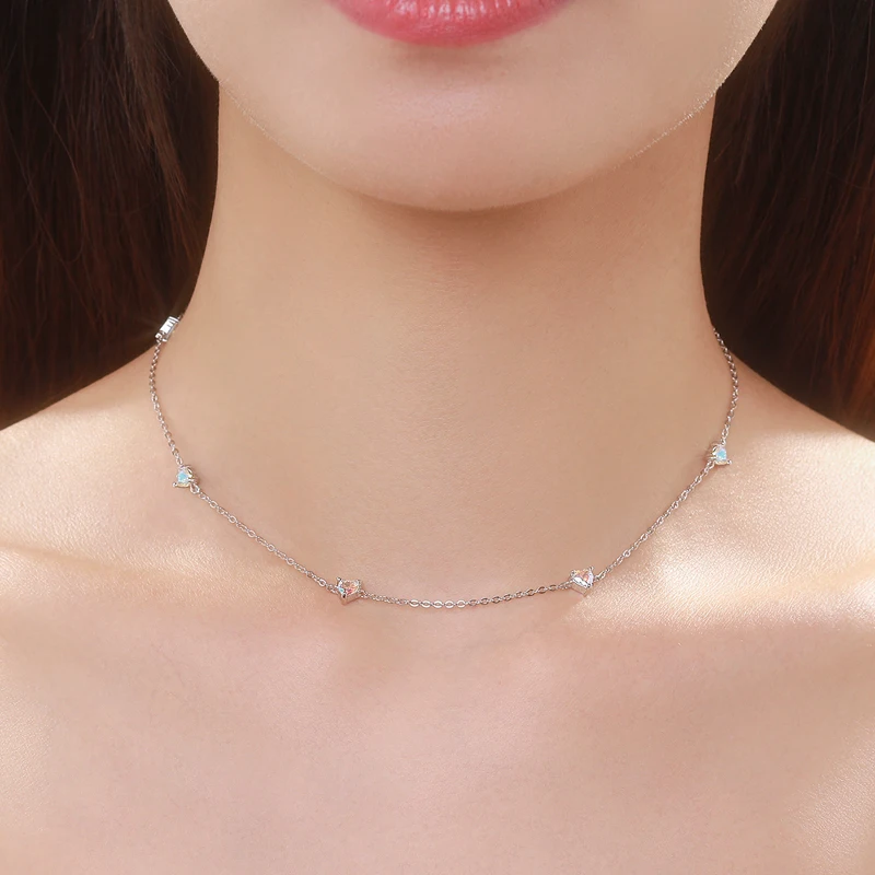 Modian prawdziwe 925 srebro kolorowe cyrkonie krótki Choker naszyjnik serca naszyjnik Charm dla kobiet biżuteria ślubna — zdjęcie 3