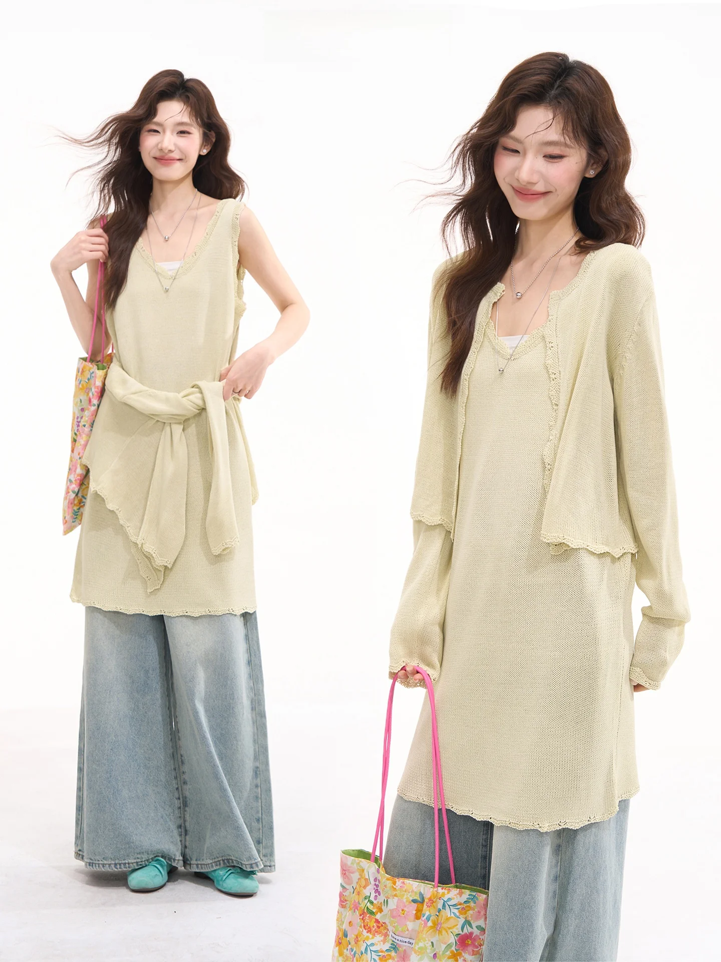 

Вязаный комплект из двух предметов: платье-халтер и юбка, женский, весна-лето, для многослойных образов, повседневный, свободный крой, с длинным рукавом, средней длины