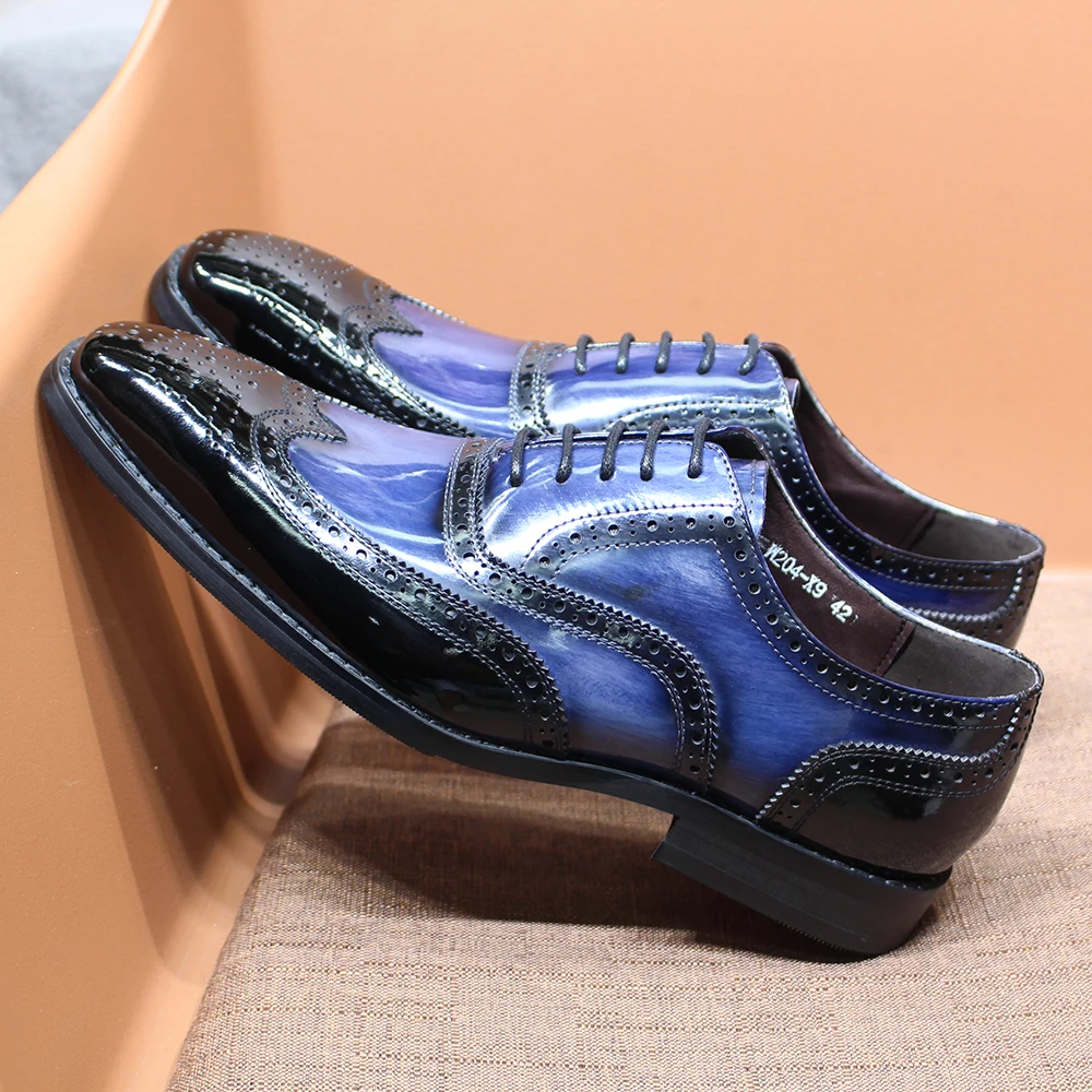 Luxury Men\'s Oxfords Genuine Patent Leather Lace Up Wedding Party Office Dress Shoes for Men Brogue Wingtip Formal Oxfords Blue