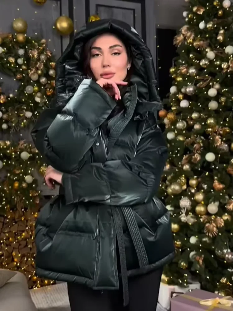 Shinny Hooded Cotton Padded Jacket For Women Loose Long Sleeve Lace Up Warm Coat 2025 New Lady Autumn Winter Party Outdoors