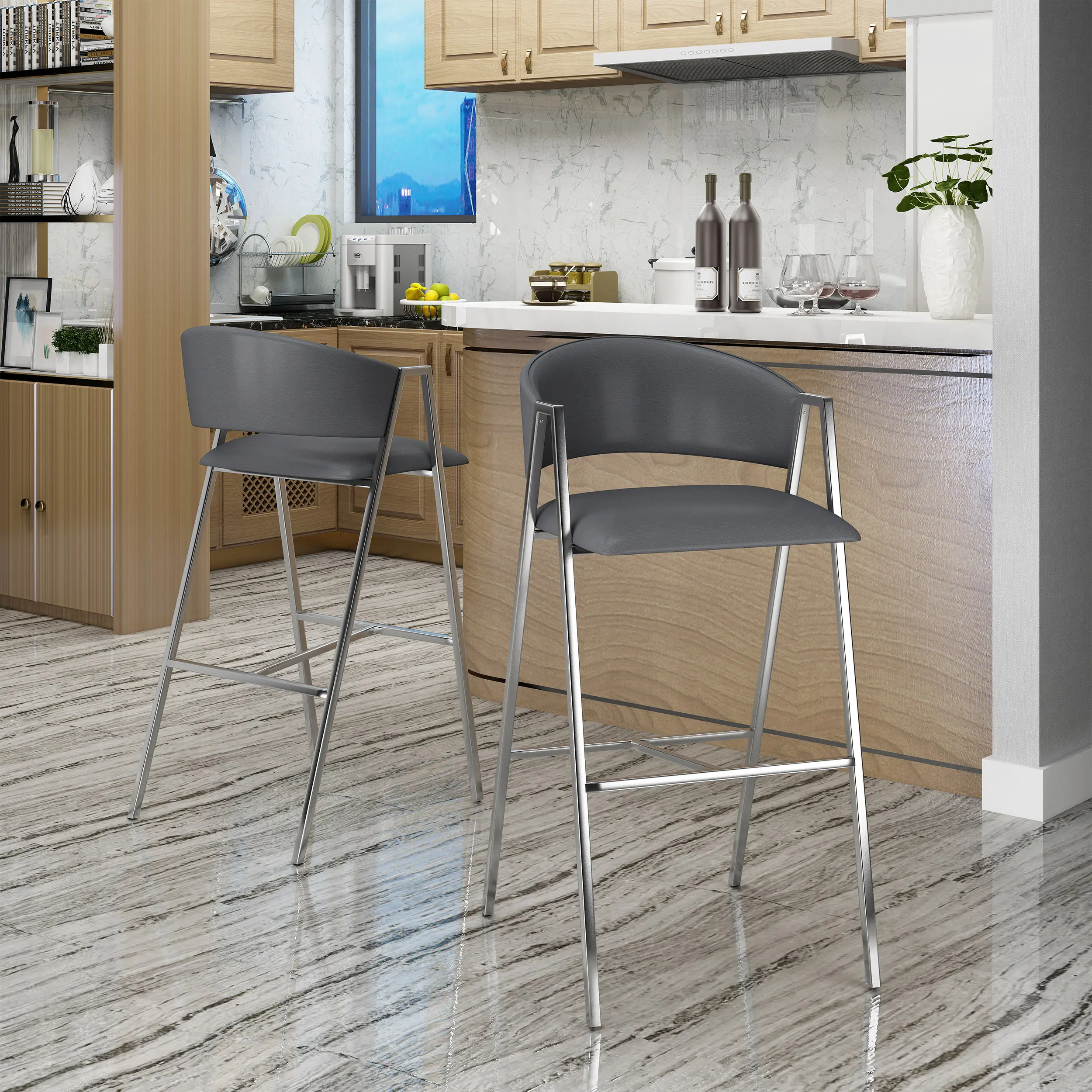 BAR CHAIR set of 2 Nordic Bar Stool with Backrest Modern High Counter Chair for Home Pub Front Desk Dining Chairs