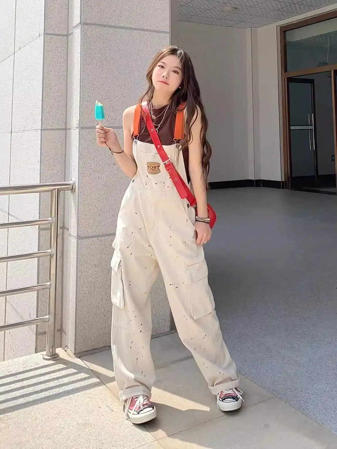 American High Street Splashed White Denim Overalls Women 2026 Spring Summer New Loose Straight Leg Workwear Wide Leg Jeans