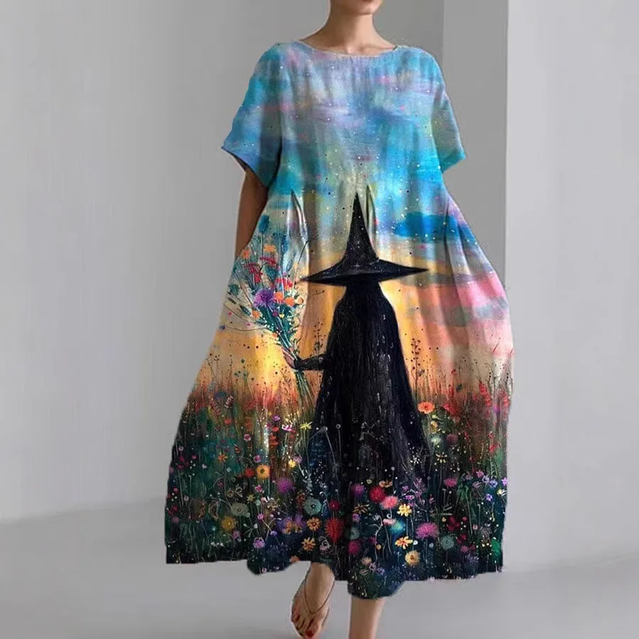 

New 3D Digital Print Witch Halloween Ladies Short Sleeve Dress Women's Fashion Costume Mini Dress