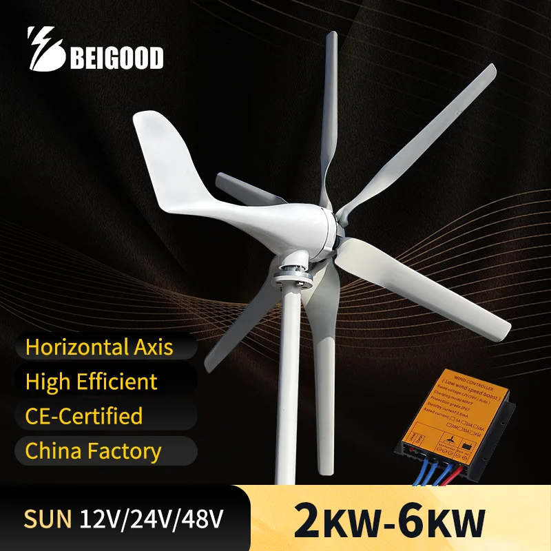 2000W 4000W CE-Certified Low Noise  Horizontal Axis Wind Turbine 12V/24V/48V With Off-grid System Suitable For Small Plants