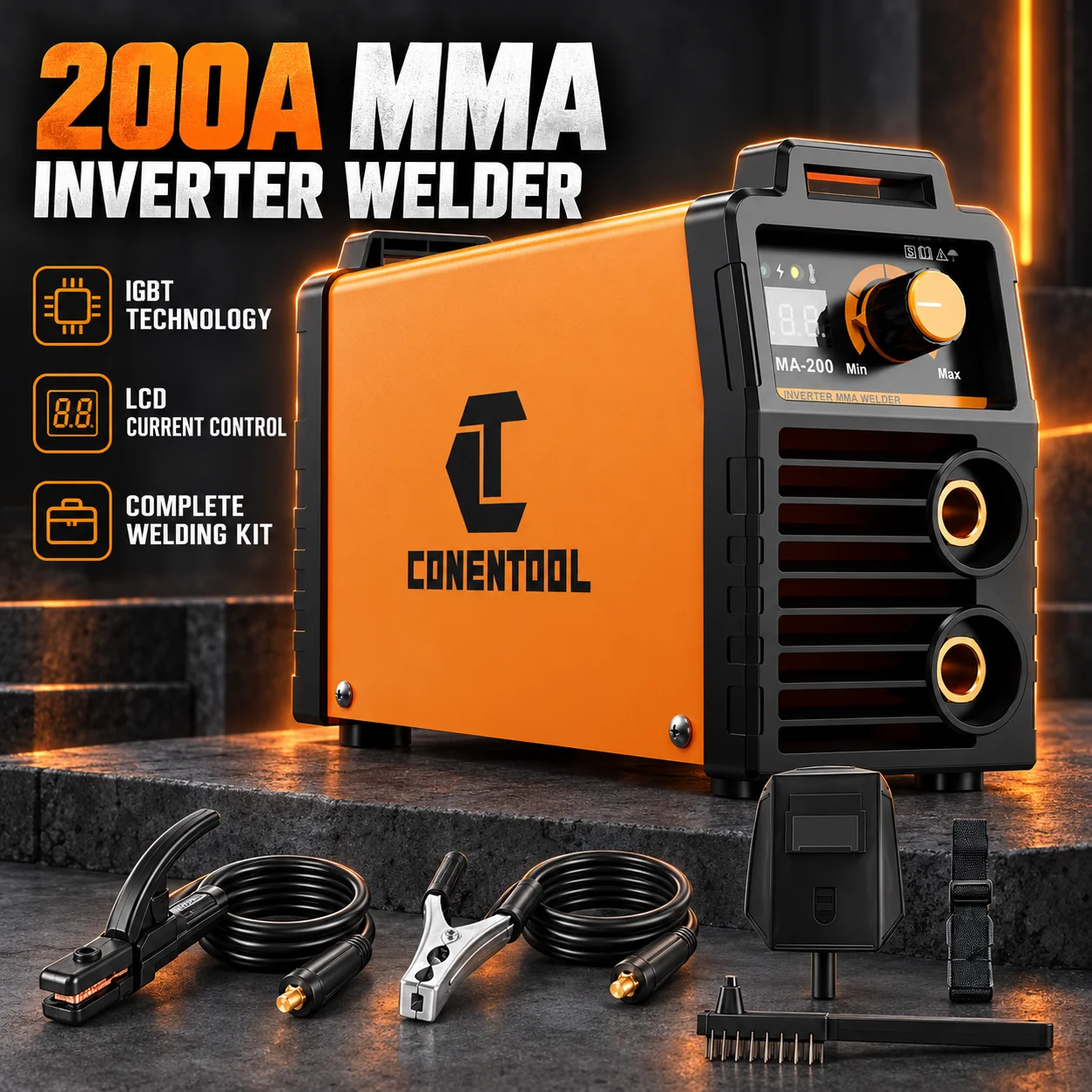 Saldatrice inverter MMA CONENTOOL 200A, saldatrice portatile a elettrodo flessibile con tecnologia IGBT e display LCD, corrente regolabile, portaelettrodo, morsetto di massa, maschera per saldatura e