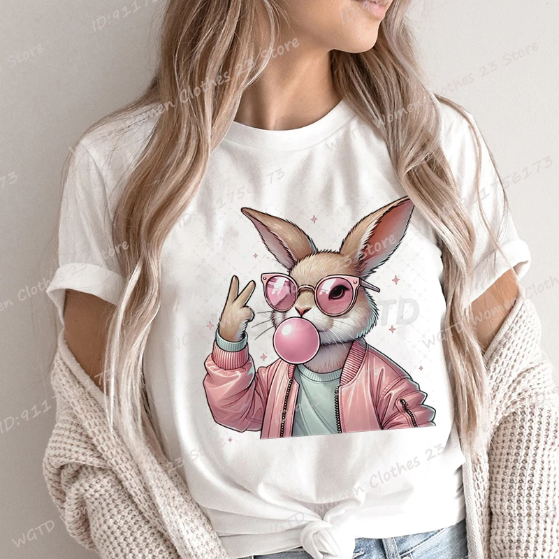 

Easter Day Bunny Bubble Gum Print T-shirts For Women Summer Lovely Short Sleeve O Neck T-Shirt Ladies Creative Personalized Tops