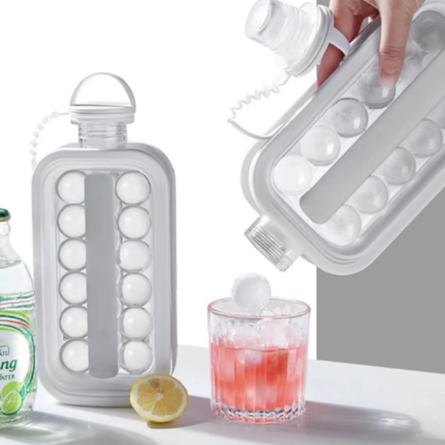 Ice Ball Maker Water Bottle  2-in-1 Portable Kettle with 17 Grids, Flat Body Lid, Cooling Ice /Cube Molds - Craft Ice Balls for 