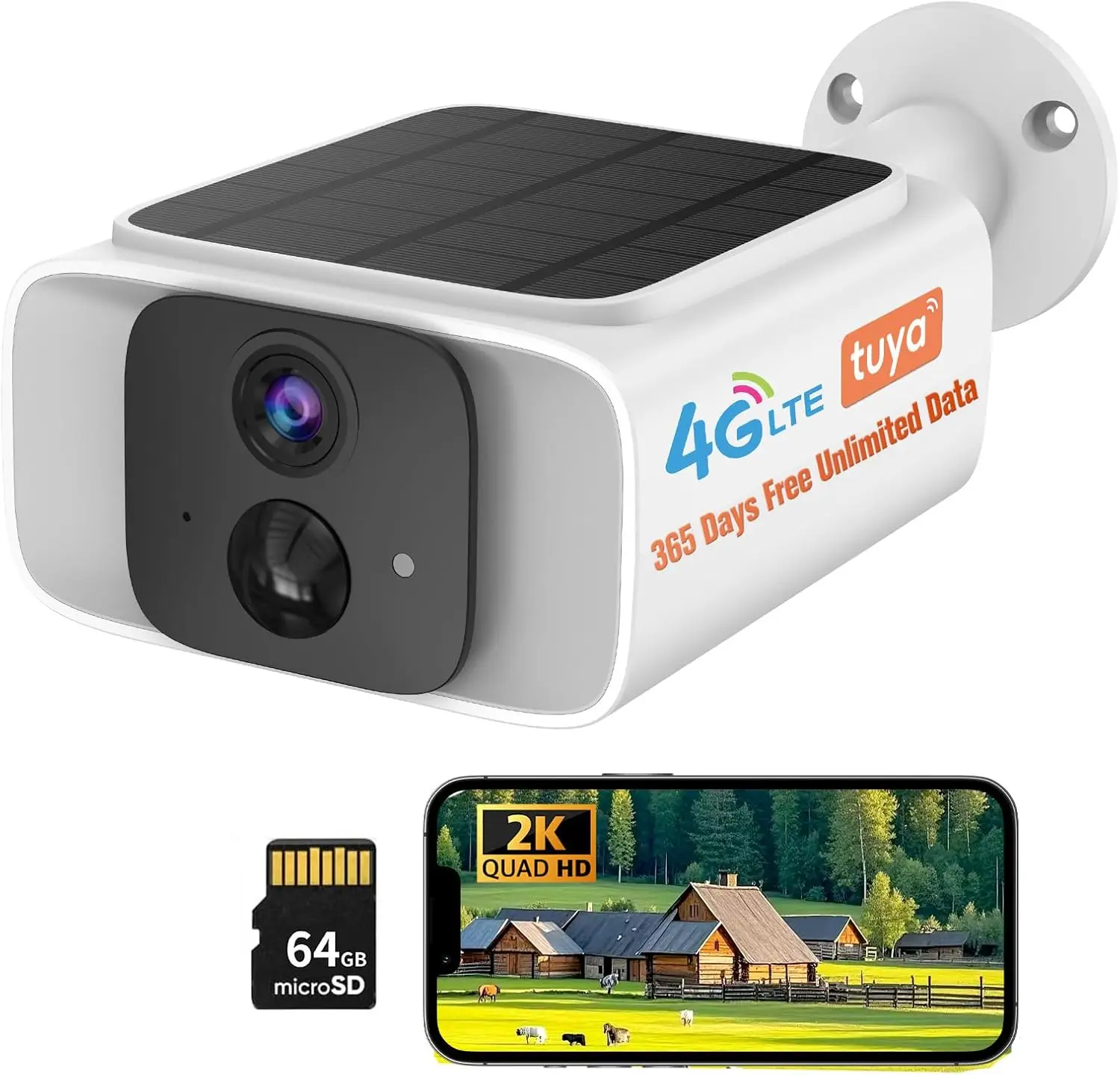 Caméra solaire extérieure 4G LTE, sans WiFi, données gratuites, carte SIM intégrée, 64 Go SD, vision nocturne 2K, PIR, communication bidirectionnelle