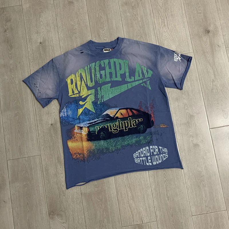 New Arrival Rough Play Streetwear Short Sleeve Top Men Racing Car Letter Print Gradient Tie Dye Tee