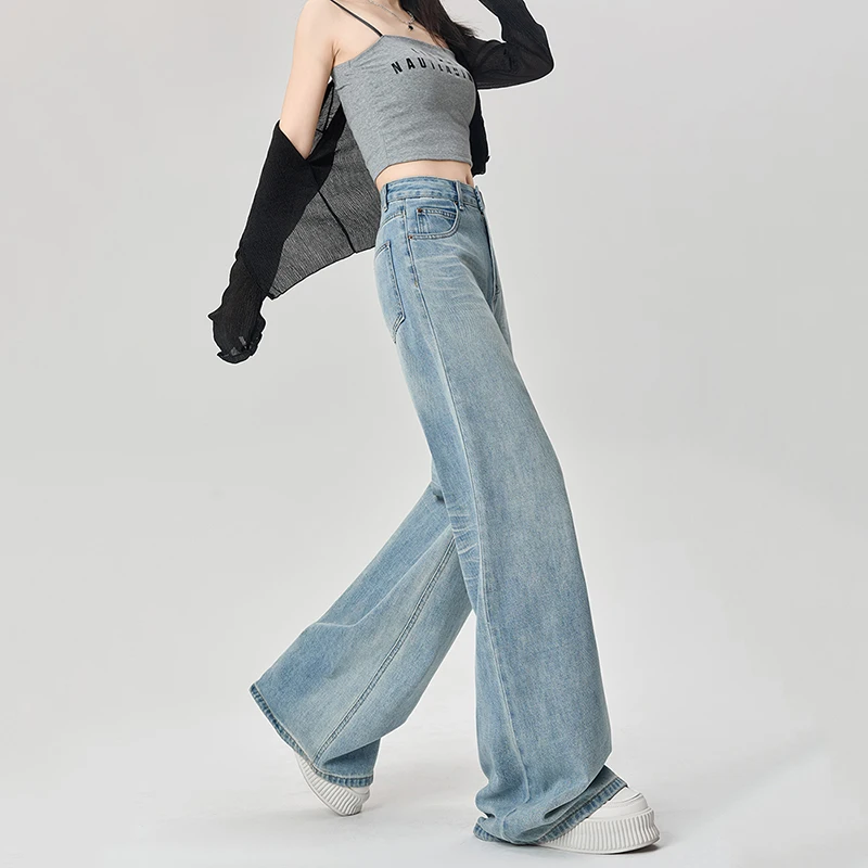 Loose Straight Cut Jeans Women High Waist Retro Wide Leg Denim Pants Stretch Comfort Casual Everyday Wear
