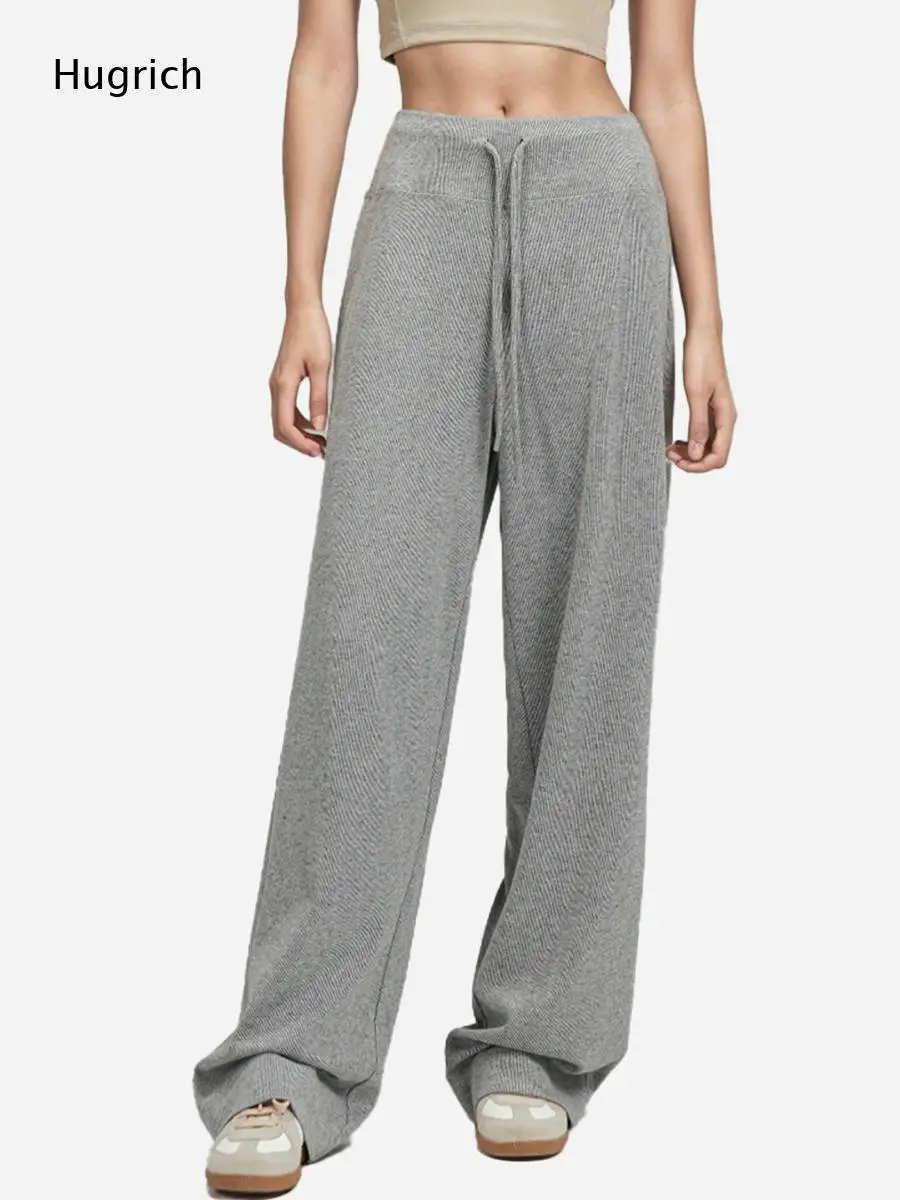 Women Grey Waffle Knit Drawstring High Waist Wide Leg Pants Loose Casual Loungewear Palazzo Trousers