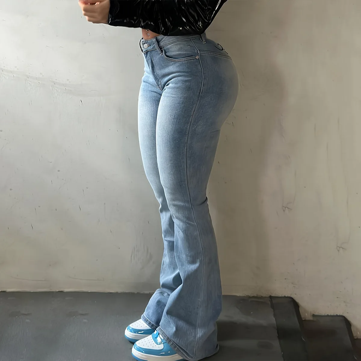 Frauen Denim Hosen Drucken Streetwear Dünne Niedrige Taille Hose Gespleißt Taschen Taste Bootcut Hose Vintage Jeans Frühling Herbst