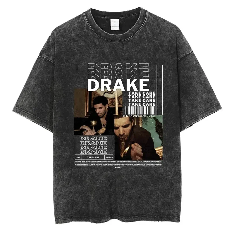 Hot Rapper Drizzy Drake Washed T Shirt Men Women Vintage Hip Hop Clothes T-Shirt Man's Harajuku Gothic Loose T-Shirts Streetwear