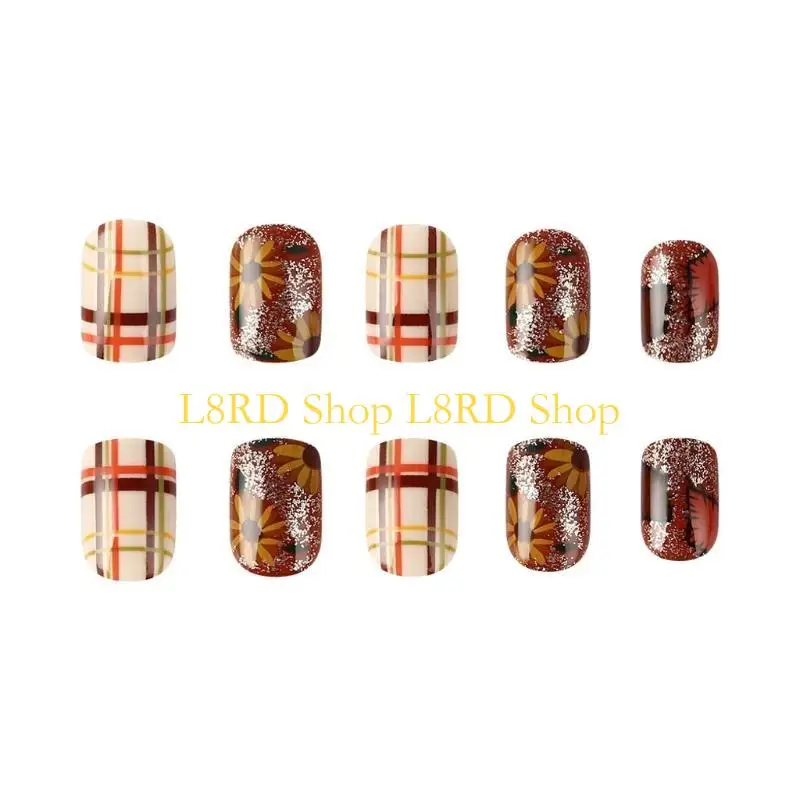 L8RD 感謝祭ネイルファッションショートスクエアプレスオンネイルアートデコレーションピエロと花柄スティックオン爪