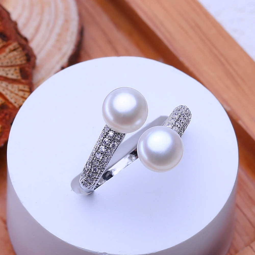 FENASY Natural Freshwater Double Pearl Rings For Women 925 Sterling Silver Party Jewelry Adjustable Wedding Engagement Ring