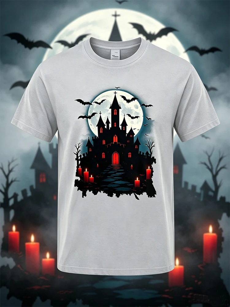 Halloween T‑Shirt for Men Women Haunted Castle  Gothic Full Moon Bat Candle Graphic Print Crew Neck Short Sleeve T-shirt Multiple Colors Spooky Holiday Party Casual Tee