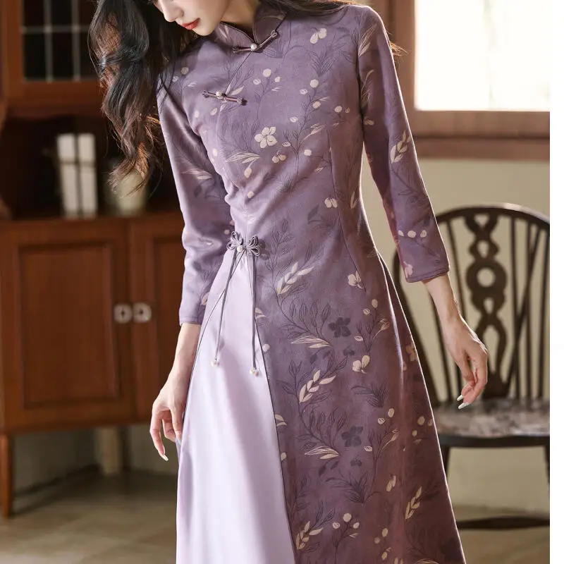 

2025 Autumn New Chinese Style Dress Suede Aodai Qipao Women Elegant Improved Qipao Dress Sexy Banquet Hanfu Vestidos Chesongam
