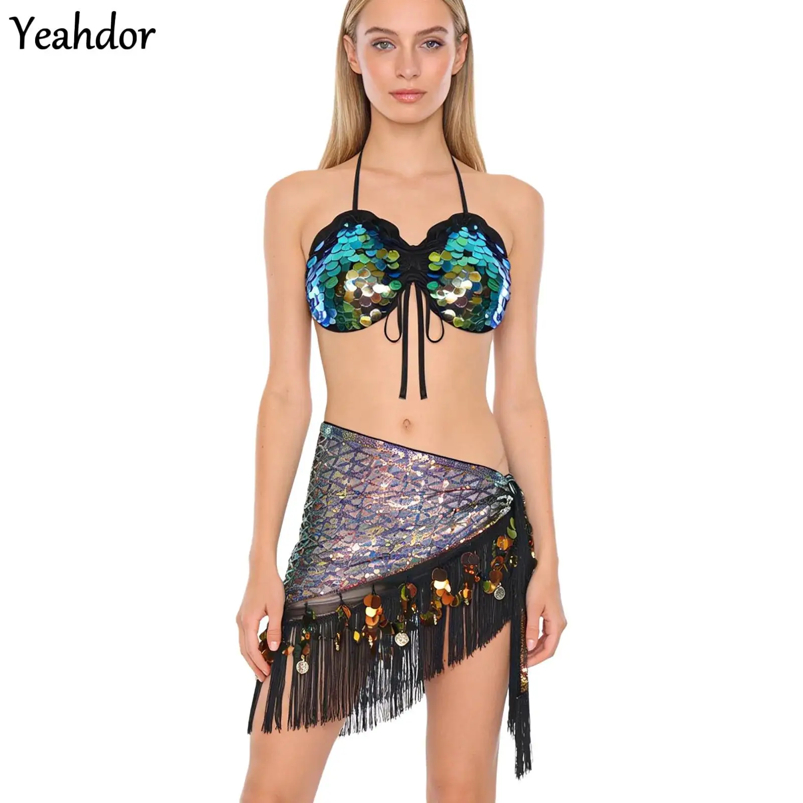 

Женская одежда для танца живота, укороченный топ на шнуровке с блестками и кисточками с блестками, треугольный хип-шарф, поясная цепочка, набедренный костюм