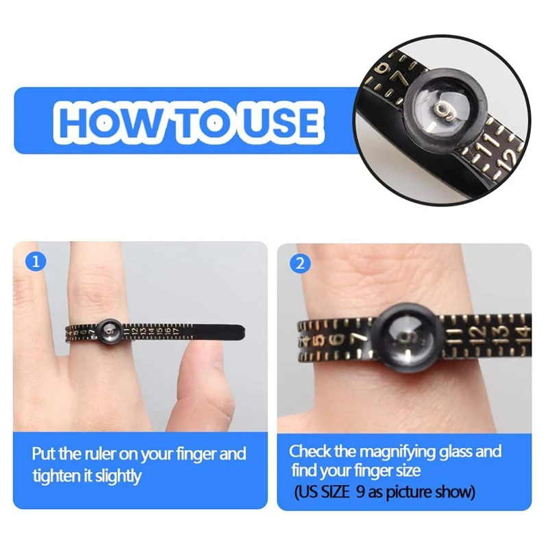 Ring Size Ruler,Ring Sizer Measurement Tool, Finger Size Gauge With Magnifying Glass, Plastic Finger Belt 1-17 US Size