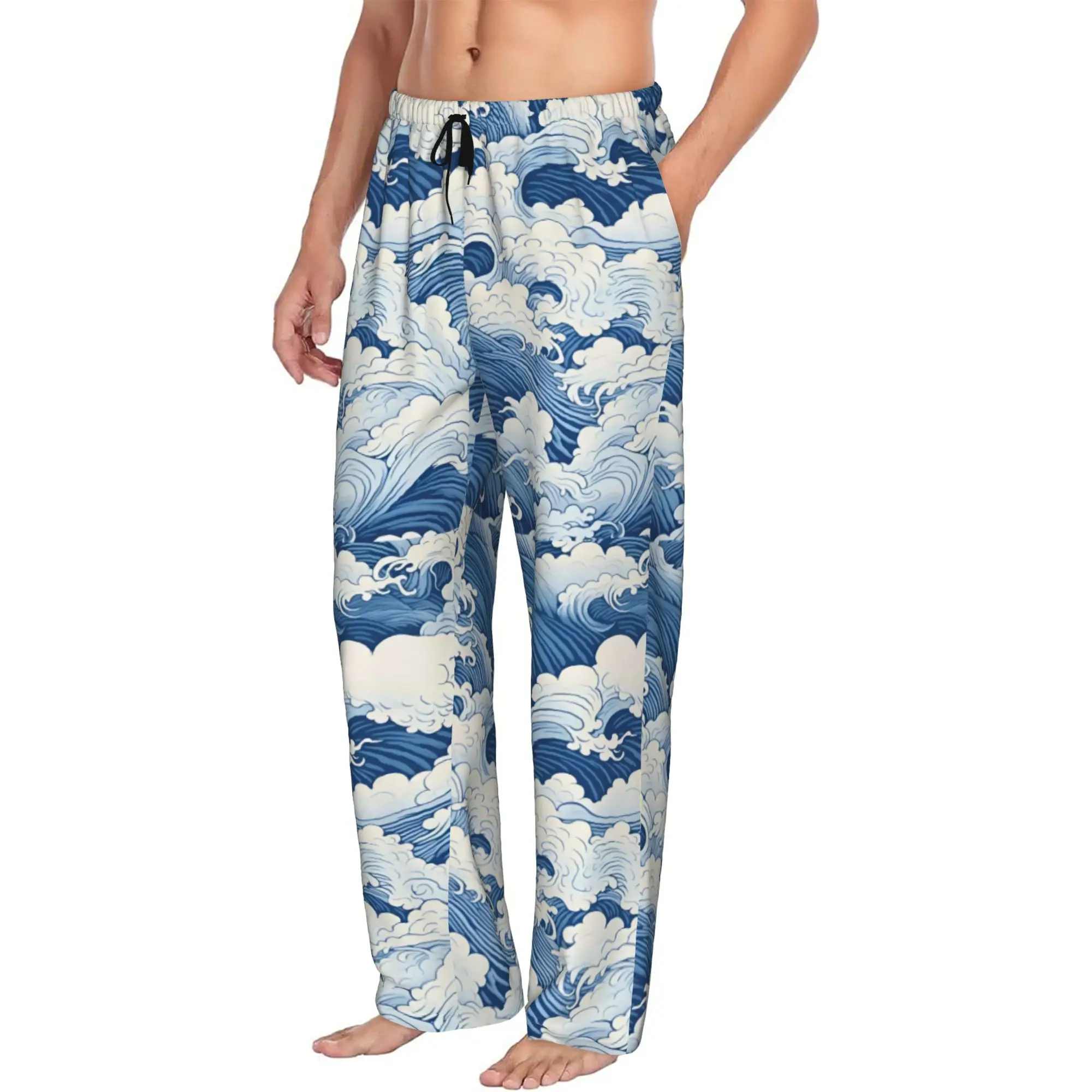 Custom Print The Great Wave Off Kanagawa Pajama Pants for Men  Sleep Sleepwear Bottoms with Pockets