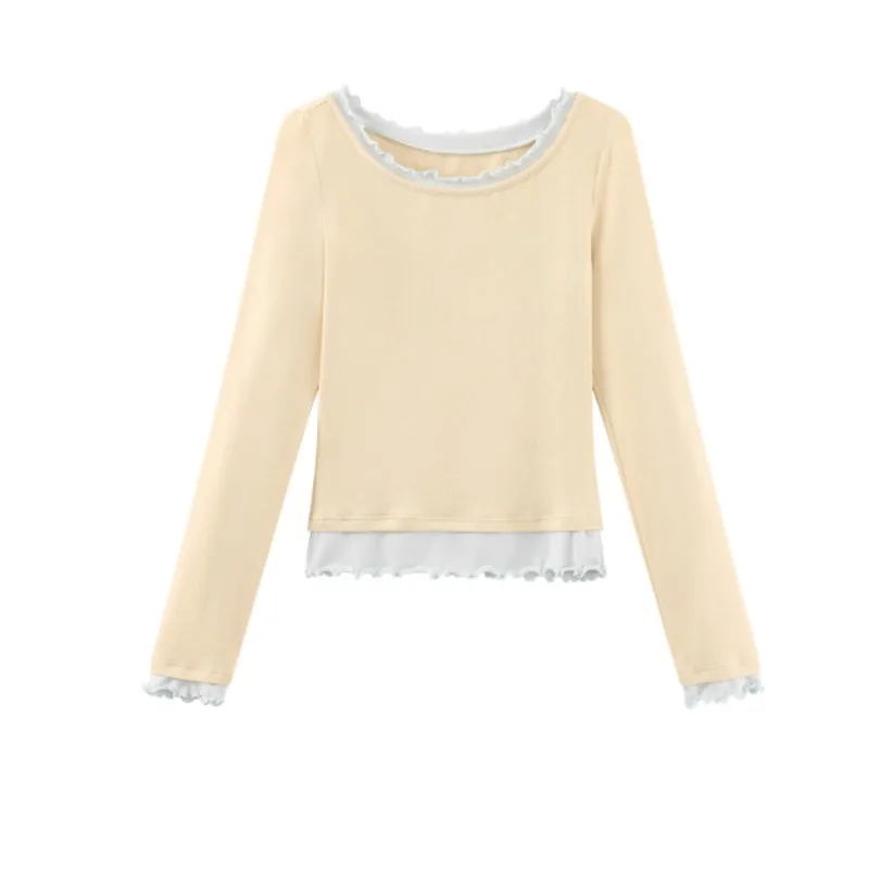 Elegante contraste guarnição em camadas manga longa camiseta feminina macio fino crewneck malha topo casual outono camada base blusa uso diário