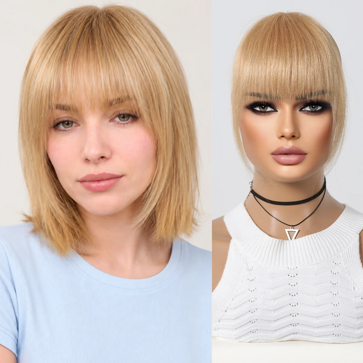 100% Human Hair Golden Blonde Straight Bangs Upgraded 3D Air Wispy Fringe with Sideburns Clip in Hair Extensions for Women Daily
