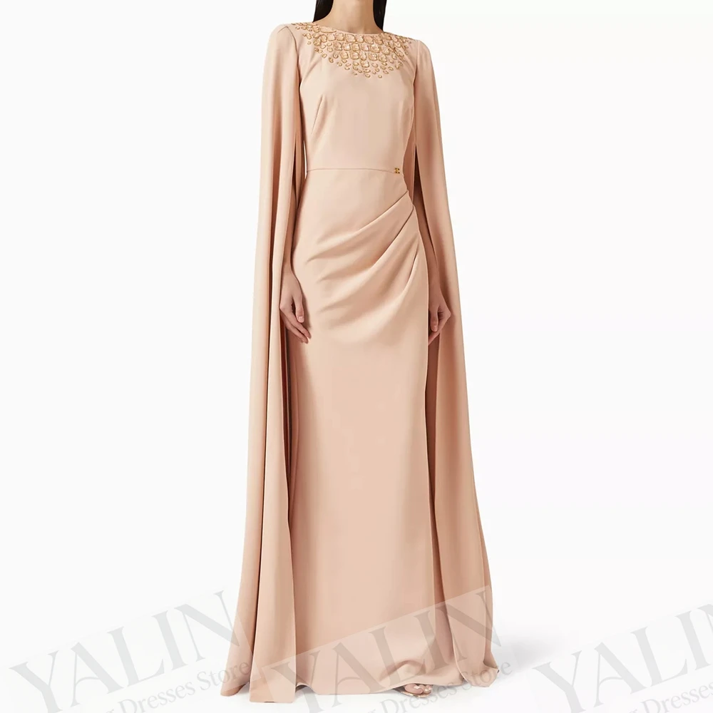 

Women's A-line Evening Dresses Floor-length O-neck Full Sleeve Prom Gown Fashion Crystal Pleat Simple Draped Customized Gowns