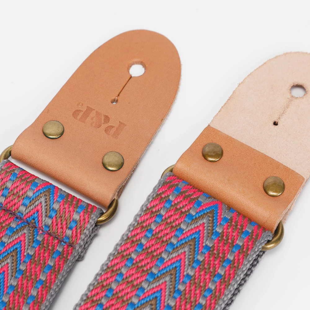 Embroidered Guitar Strap Genuine Leather Head Jacquard Weave Wooden Electric Guitar Bass Strap Accessories