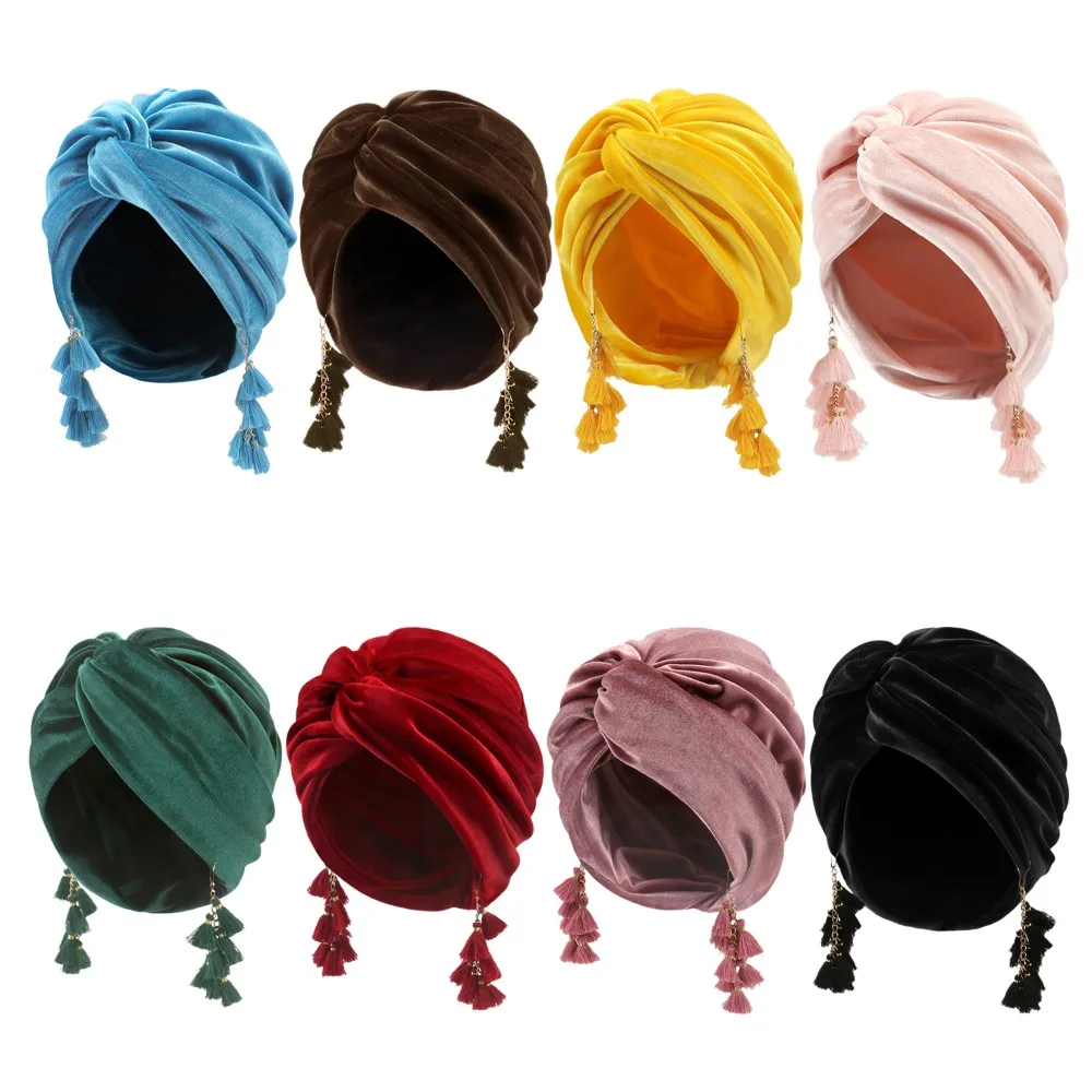 

Solid Color Fashionable Fringe Hat Turban Cap Bohemia Style Crossed Pullover Hat Western Style Tassel Beanie Hat Lady