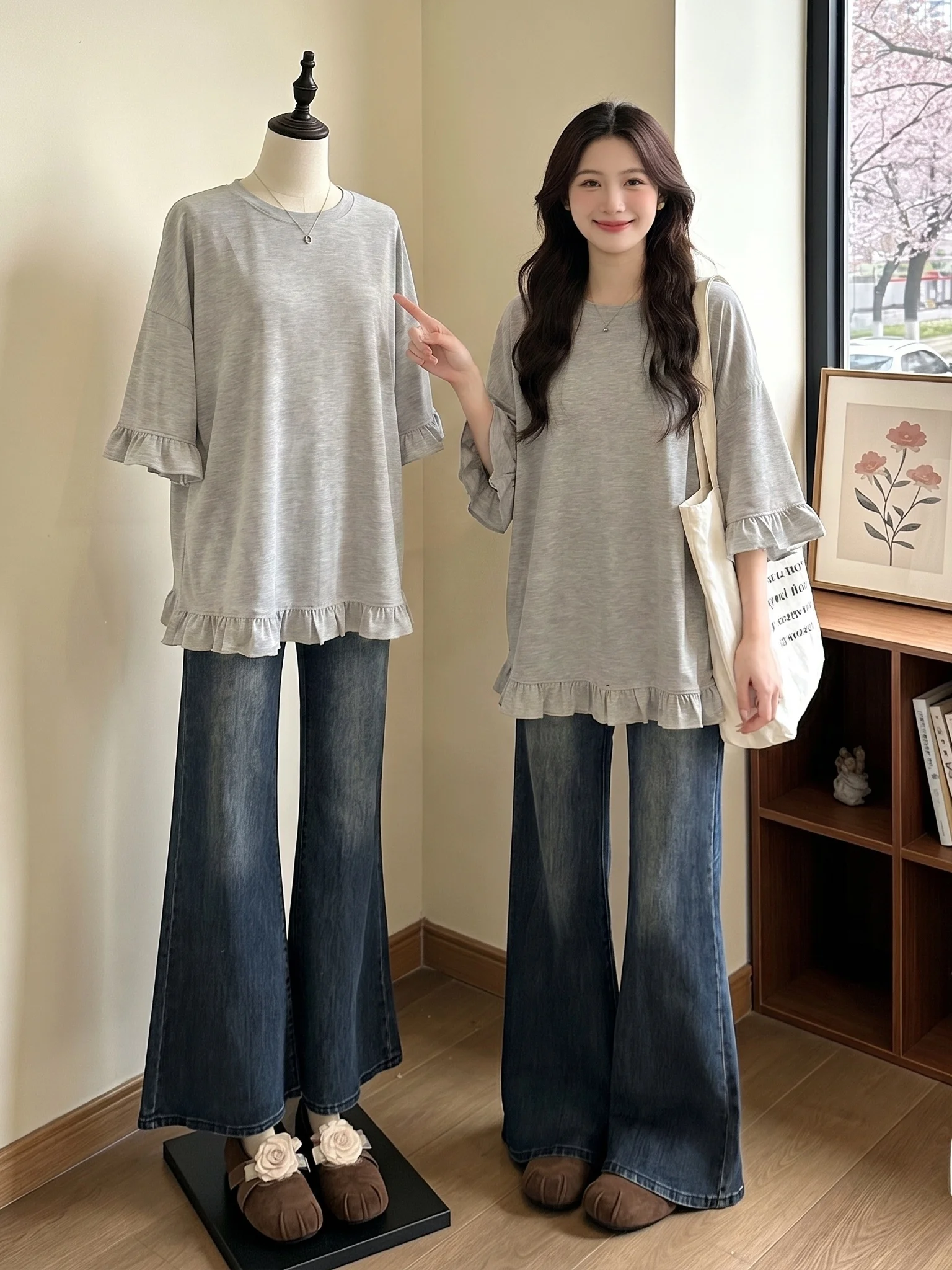 Black Wooden  Short Sleeve T-Shirt Women's plus Size Summer New Style Slimming Belly Covering Mid-Length Top