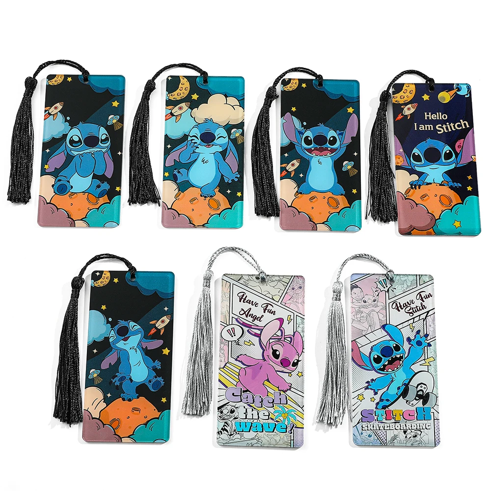 Disney Cute Planet Summer Stitch and Angel 2 Sides Acrylic Bookmark with Tassel for Women Men Cartoon Fans Book Accessories Gift