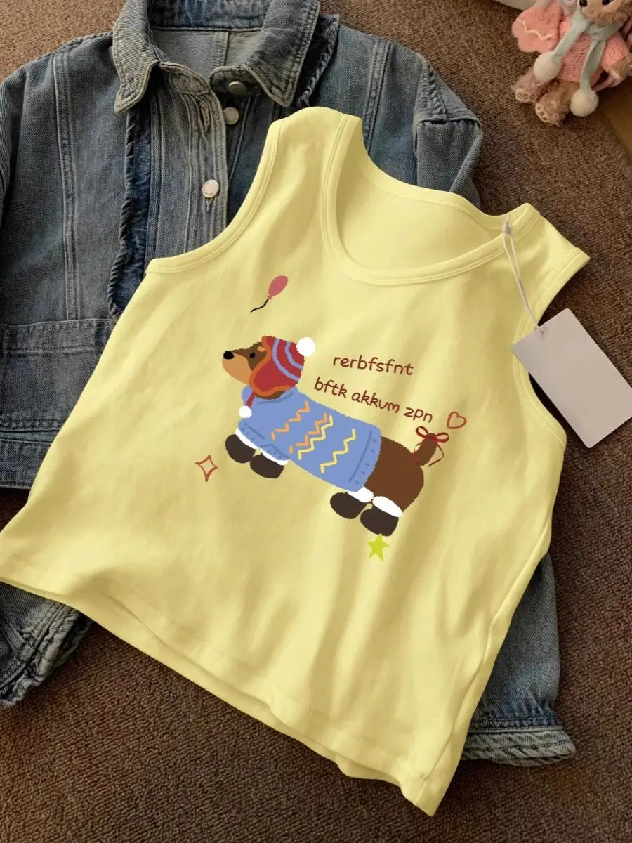 

American Spicy Girl Sleeveless Vest for Women Summer Dopamine Cartoon Dog Printed Chic Slim Fit Outerwear Cutecore Y2k Top