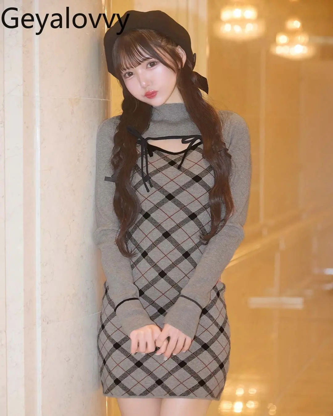 

Autumn New Vintage Plaid Long Sleeve Dress Sweet Girls Versatile Slim Fit Half High Collar Tie Fake Two-Piece Bodycon Dress