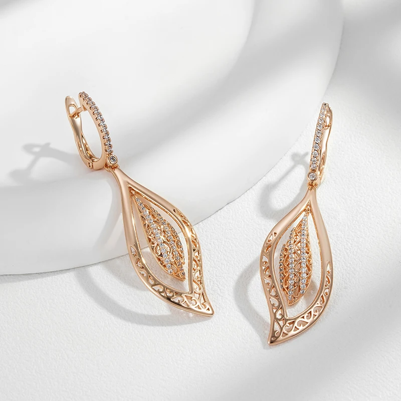 Kienl Hot 585 Rose Gold Color Natural Zircon Long Big Earring for Women Glossy Crystal Flower Ethnic Bride Daily Vintage Jewelry
