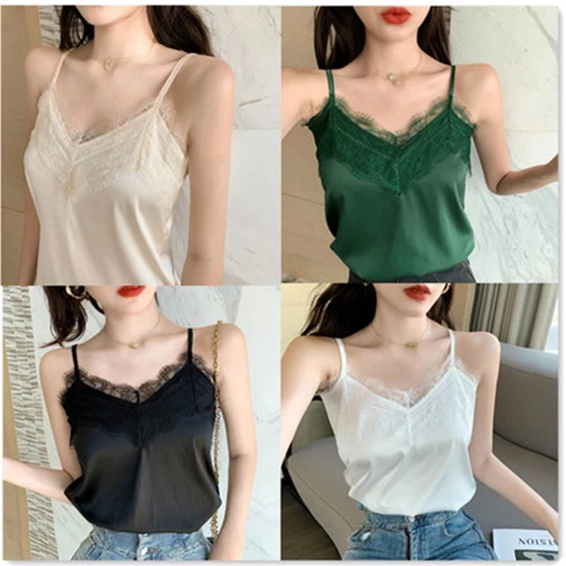 Sexy Lace Camisole Women Silk V-neck Tops Valentine\'s Day Gift Summer Sleeveless Casual Tank Female Slim Soft Satin Plus Size