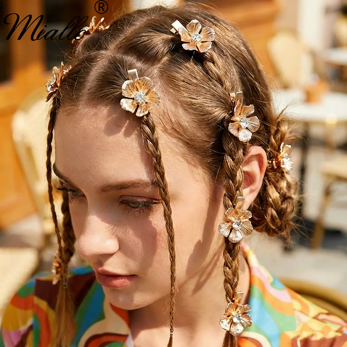 Miallo 10 pièces/ensemble, pinces à cheveux en alliage plaqué or, fleurs tressées, pour filles, strass scintillants, mignonnes pinces à cheveux pour frange, accessoires pour cheveux