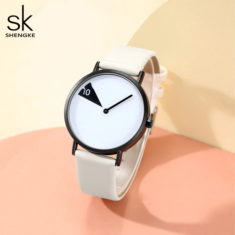 Shengke-reloj de cuarzo con correa de cuero para mujer, accesorio creativo de color amarillo puro, envío directo