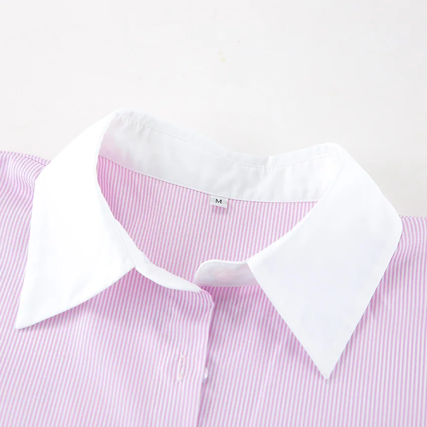 المرأة الوردي شريطية طويلة الأكمام قميص التلبيب تقسم اللون Preppy المرأة بلوزة فضفاضة قميص مكتب سيدة ركاب الخريف الربيع #4