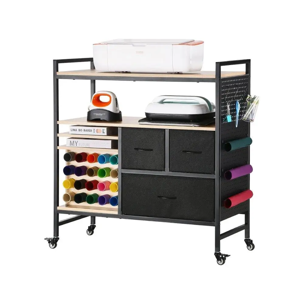 

Rolling Craft Cart Storage Table with 20 Vinyl Roll Holders and 3 Drawers Black Organizing Station for Art Supplies