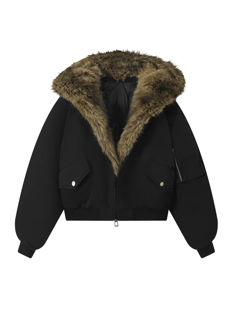 

IAMCPLUS Street Sle Loose Fit Biker Cotton Jaet with Fur Collar Zipper Closure ort Length Color Winter Coat